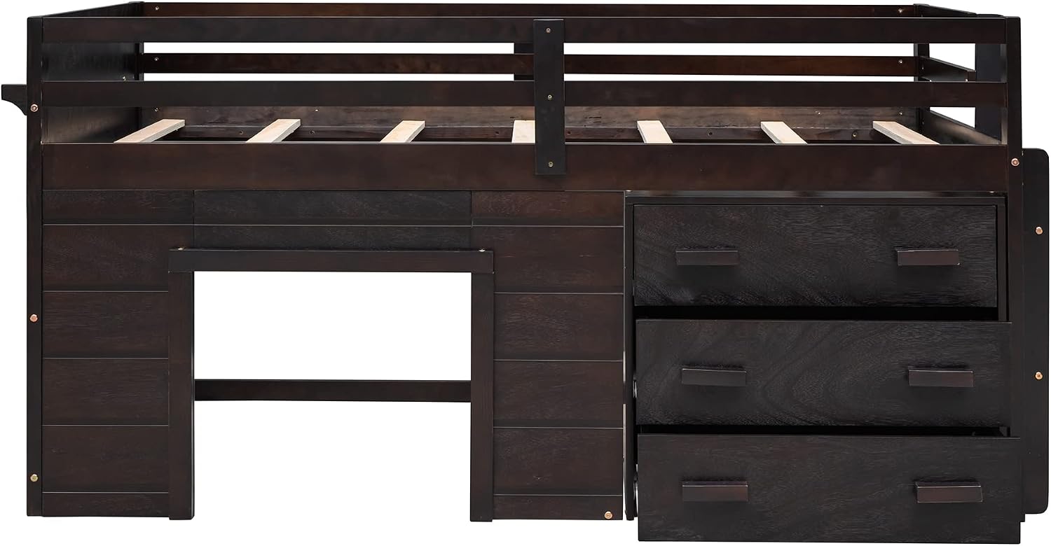 Ball & Cast Twin Size Low Loft Bed with Safety Guardrail & Stair,Wooden Bedframe W/Cabinet & Shelf,Solid Construction,No Spring Box Needed,Furniture Set for Boys Girls Keens Study Bedroom,Espresso