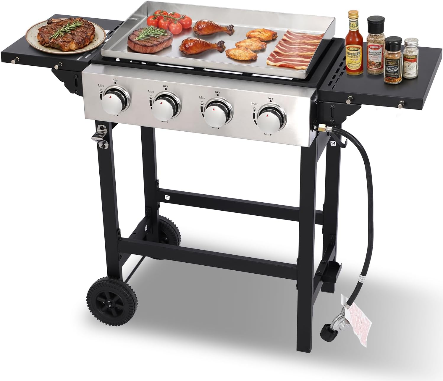 Cookit 4-Burner Flat Top Gas Grill with Stainless Steel Griddle, Includes Cover & Regulator - Perfect for Camping, Tailgating, Backyards