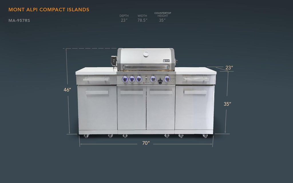 Mont Alpi Premium 70'W x 24'D x 46'H Stainless Steel Outdoor Kitchen Island with 32'W 4-Burner BBQ Grill plus Accessory Bundle - Natural Gas Conversion Kit + Dual Sided Griddle Plate + Charcoal Tray
