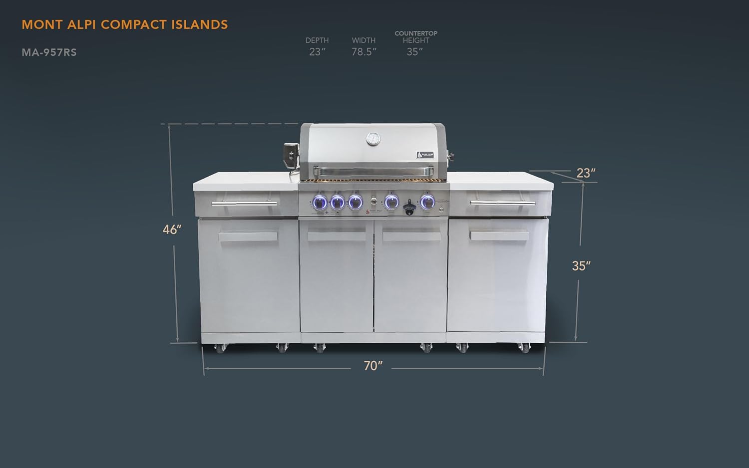 Mont Alpi Premium 70'W x 24'D x 46'H Stainless Steel Outdoor Kitchen Island with 32'W 4-Burner BBQ Grill plus Accessory Bundle - Natural Gas Conversion Kit + Dual Sided Griddle Plate + Charcoal Tray