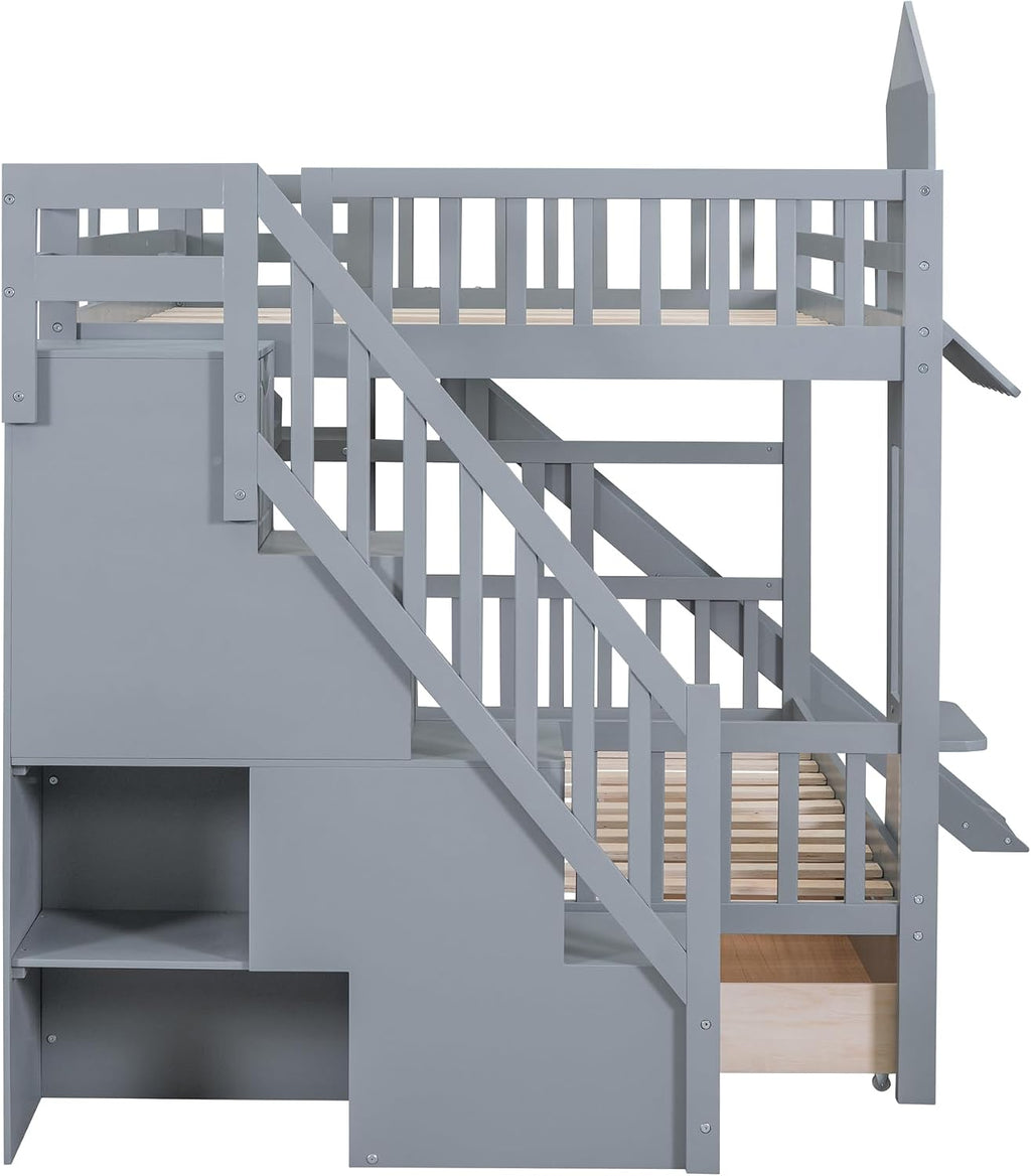 Harper & Bright Designs Full Over Full Bunk Bed with Stairs and Slide, Solid Wood Bunk Bed Frame with Storage Drawers and Bookshelves, for Kids Teens Adults- Gray