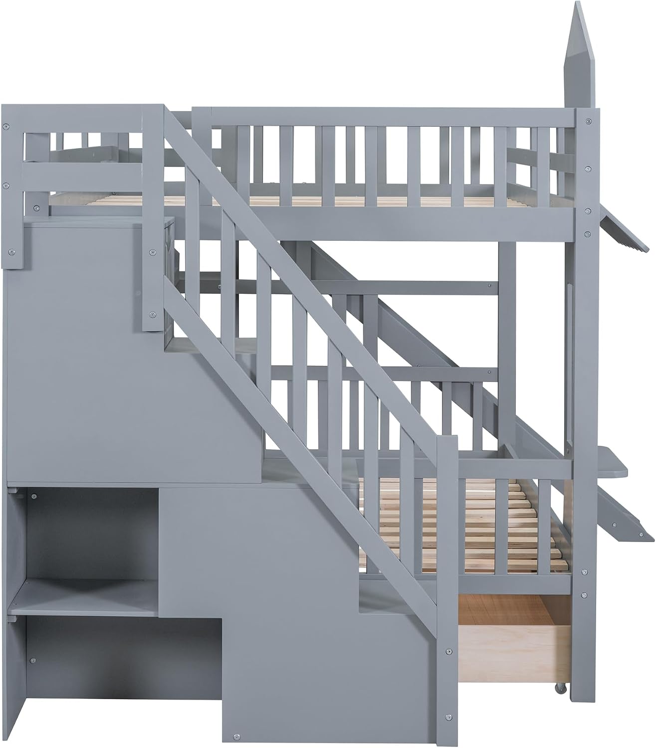 Harper & Bright Designs Full Over Full Bunk Bed with Stairs and Slide, Solid Wood Bunk Bed Frame with Storage Drawers and Bookshelves, for Kids Teens Adults- Gray