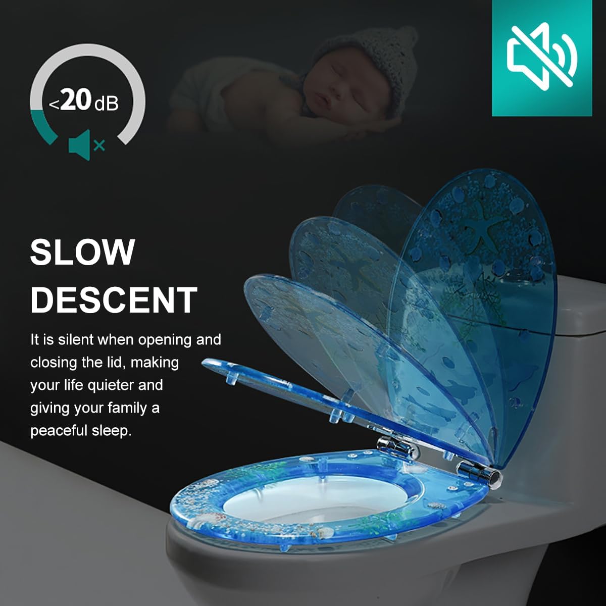 Resin Toilet Seat Round 16.5', Quiet Slow Soft Close Toilet Lid, Heavy Duty Toilet Seats Cover with Ocean Series 3D Effects Decorative (Dolphin)