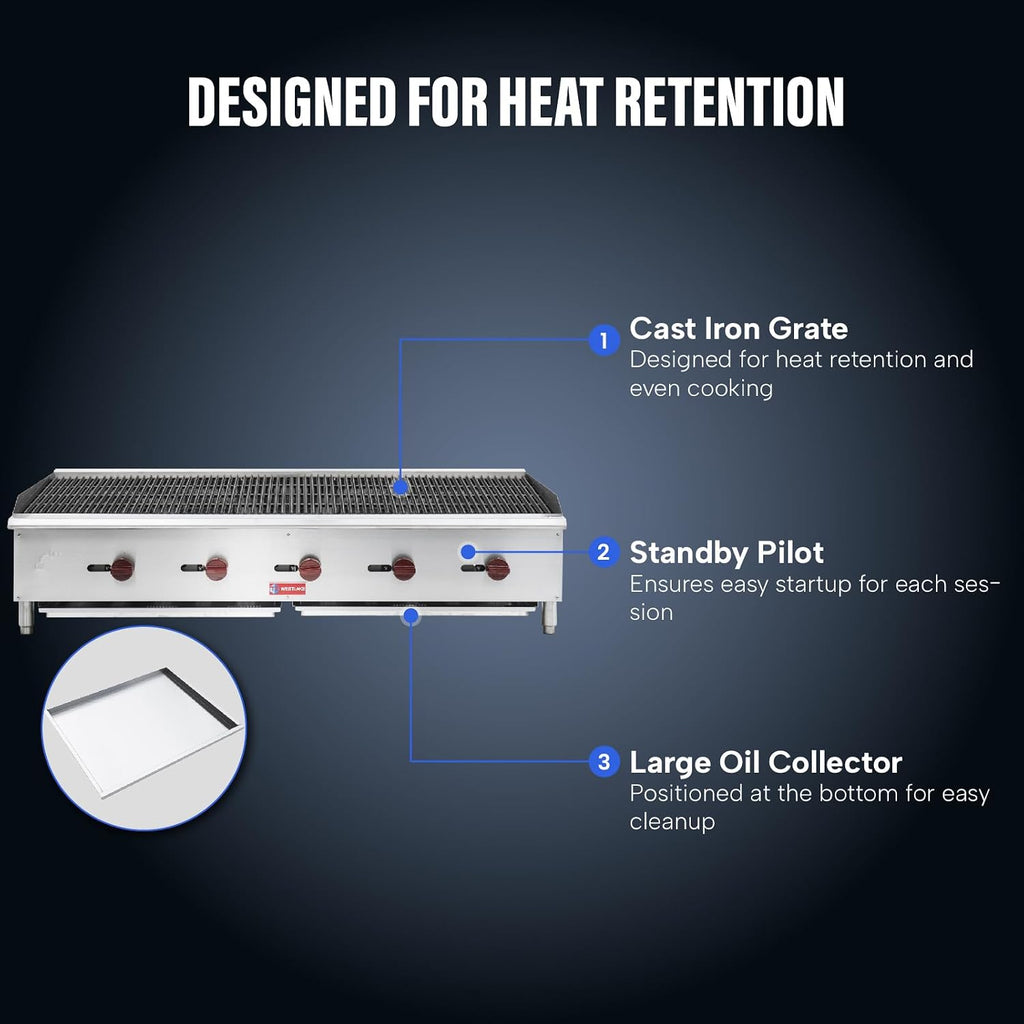 WESTLAKE 60'W Commercial Charbroiler Gas Countertop 5 Burner Natural Gas and Propane 150,000 BTU Char Broiler Stainless Steel BBQ Stove Grill for Restaurants