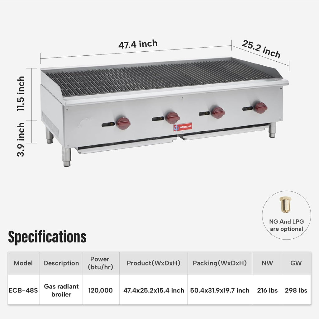 WESTLAKE 48'W Commercial Charbroiler Gas Countertop 4 Burner Natural Gas and Propane 120,000 BTU Char Broiler Stainless Steel BBQ Stove Grill for Restaurants