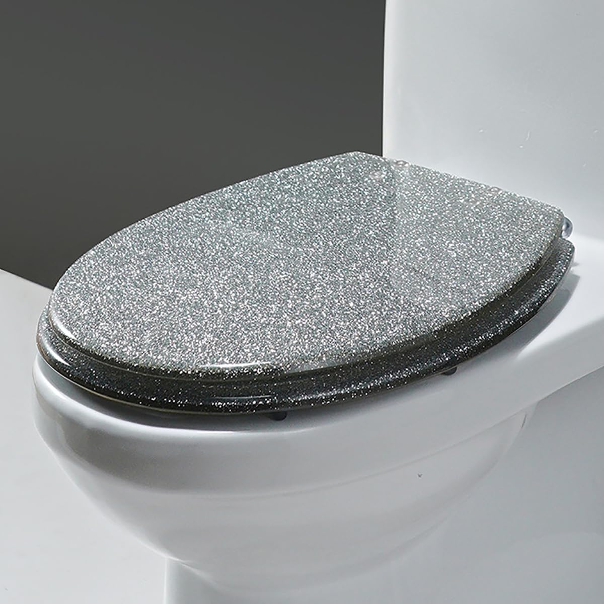 Glitter Toilet Seat Round 16.5 Inch Quick Release Toilet Seats Cover with Slow Close Toilet Lid, Non-Slip Lid, Easy Installation Resin Safe Material (Silver)