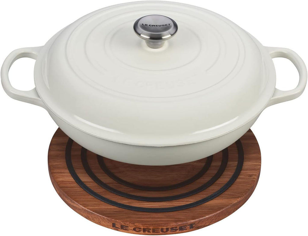 Le Creuset 3 1/2 qt. Signature Cast Iron Braiser Bundle with Magnetic Wooden Trivet - White
