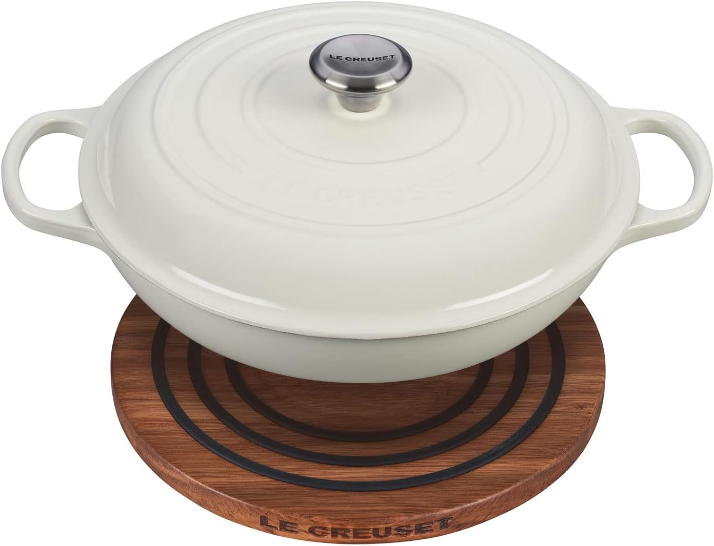 Le Creuset 3 1/2 qt. Signature Cast Iron Braiser Bundle with Magnetic Wooden Trivet - White