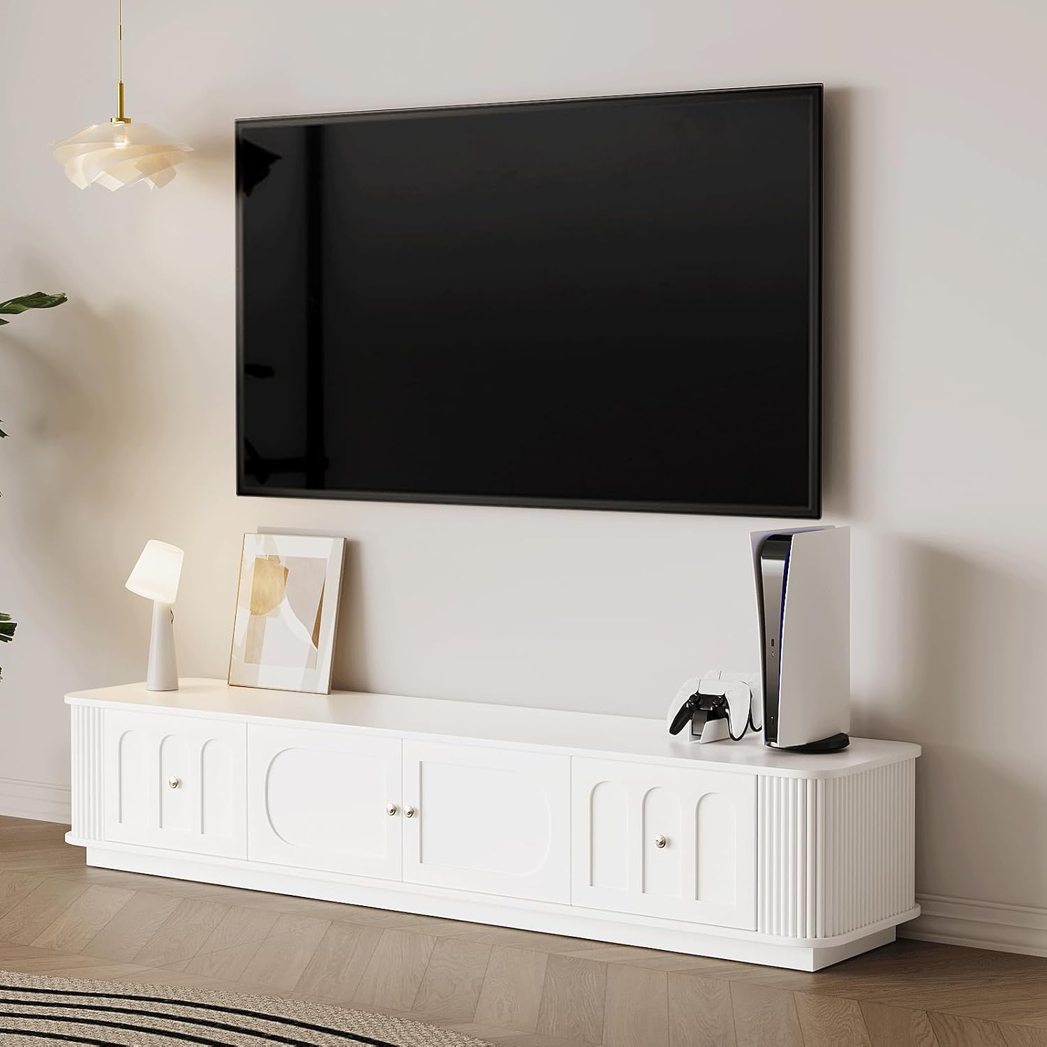 White TV Stand for 65/75/85 inch TVs, Modern Entertainment Center with Storage Cabinets, 2 Drawers & 2 Open Shelves with Sliding Doors, Media Console with Cable Management for Living Room/Bedroom