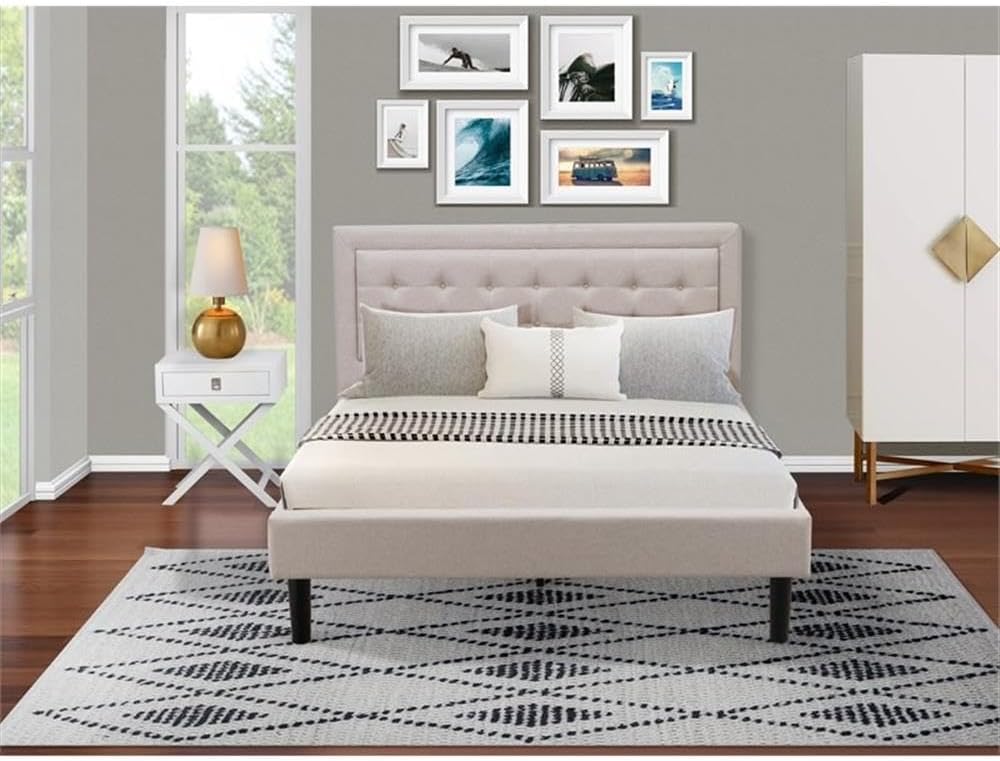 East West Furniture FN08Q-1HAE0 2-Piece Fannin Queen Bed Set Furniture with 1 Queen Wood Bed Frame and a Night Stand - Reliable and Sturdy Manufacturing - Mist Beige Linen Fabric