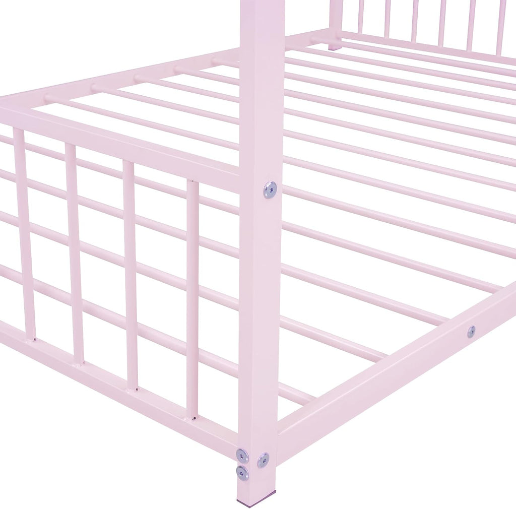 Bellemave Full Floor BedFrame with Slats for Kids, Metal Montessori Floor Beds, Full House Bed for Kids, Pink with roof