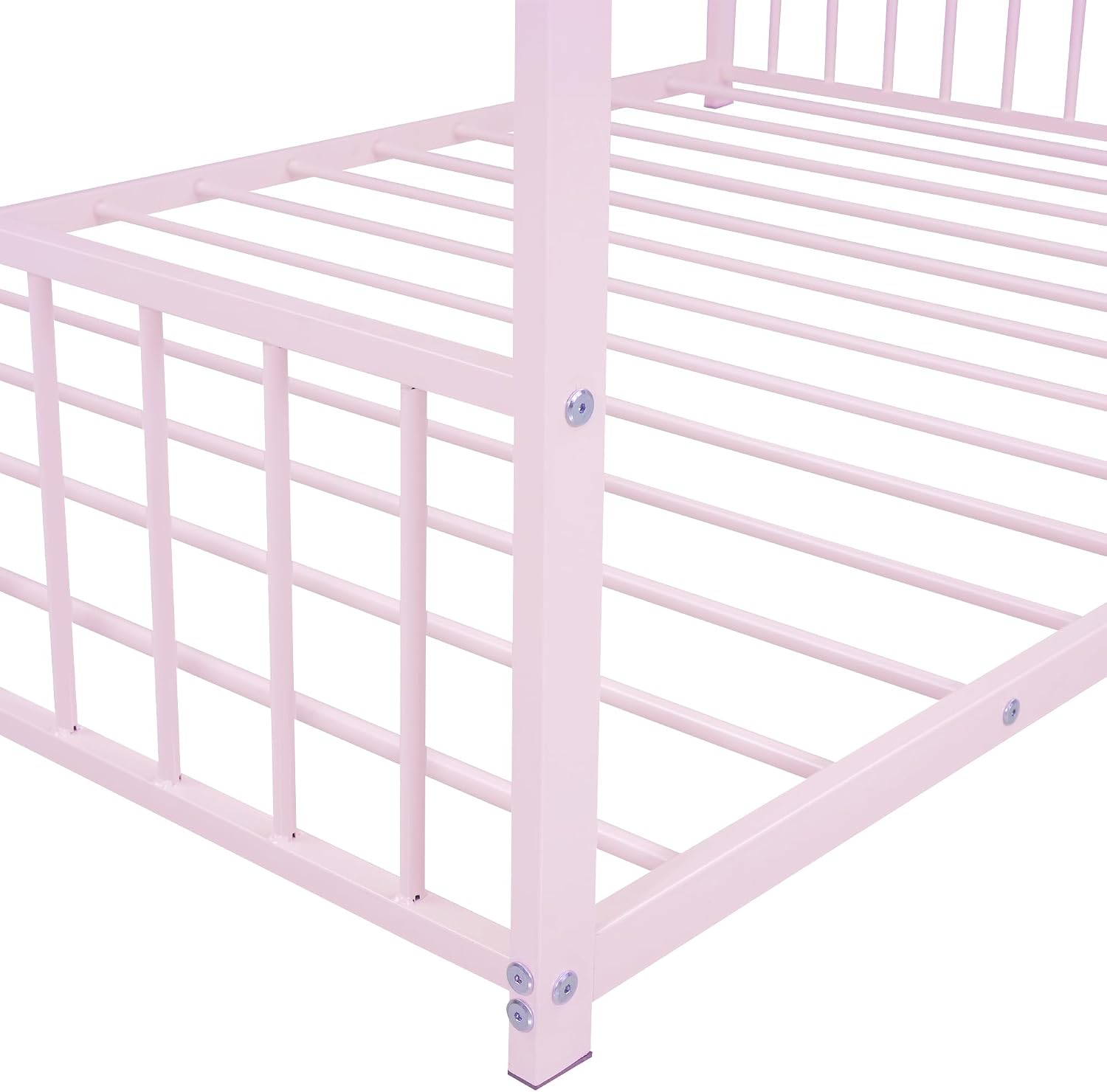 Bellemave Full Floor BedFrame with Slats for Kids, Metal Montessori Floor Beds, Full House Bed for Kids, Pink with roof