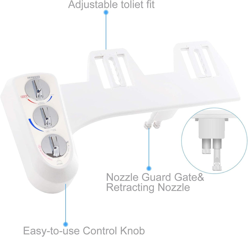 Hibbent Premium One Click Elongated Toilet Seat with Bidet Self Cleaning Dual Nozzle, Hot and Cold Water Spray, Non-Electric Mechanical Bidet
