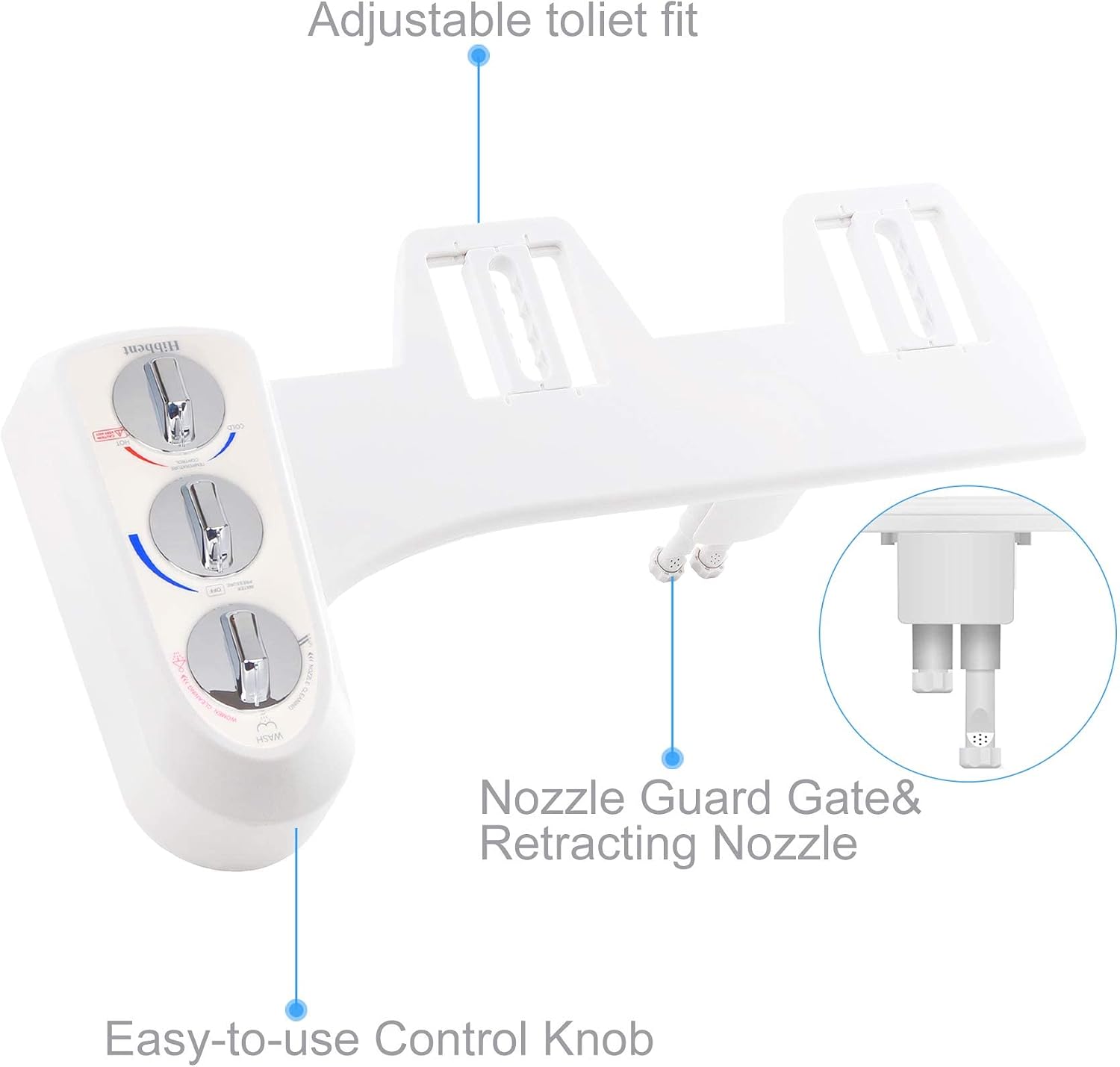 Hibbent Premium One Click Elongated Toilet Seat with Bidet Self Cleaning Dual Nozzle, Hot and Cold Water Spray, Non-Electric Mechanical Bidet