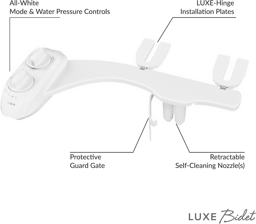 LUXE Bidet NEO 185 Plus White Bidet Attachment, Comfort Soft Footstool, Toilet Seat Bumpers, and Water Filter Gift Set