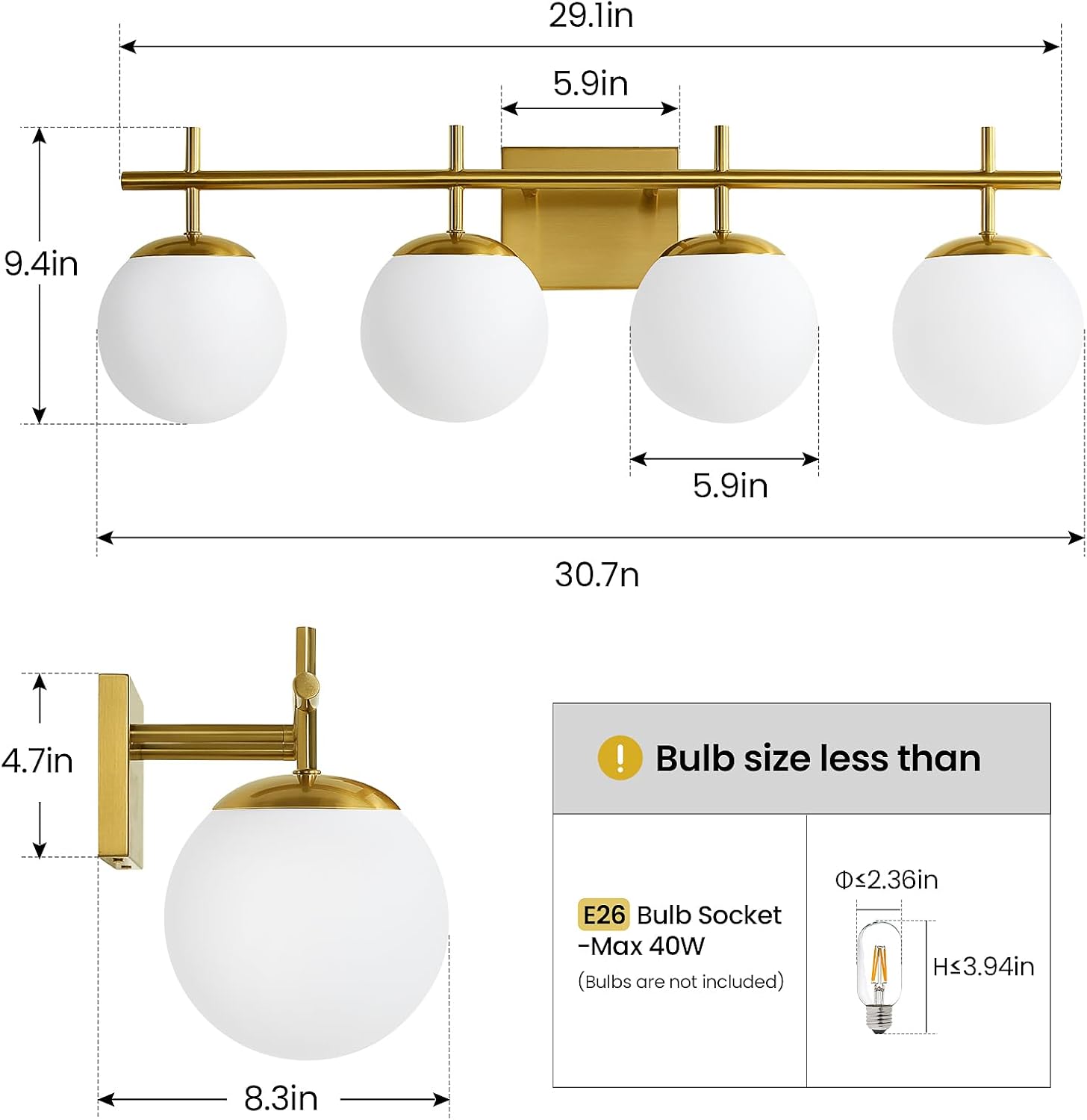 AIJIASI Bathroom Light Fixtures, 4-Light Brushed Gold Bathroom Vanity Lights Over Mirror, 30.7 Inch Modern Vanity Lighting with Milky White Glass Globe Shade Wall Sconce Lighting Bath