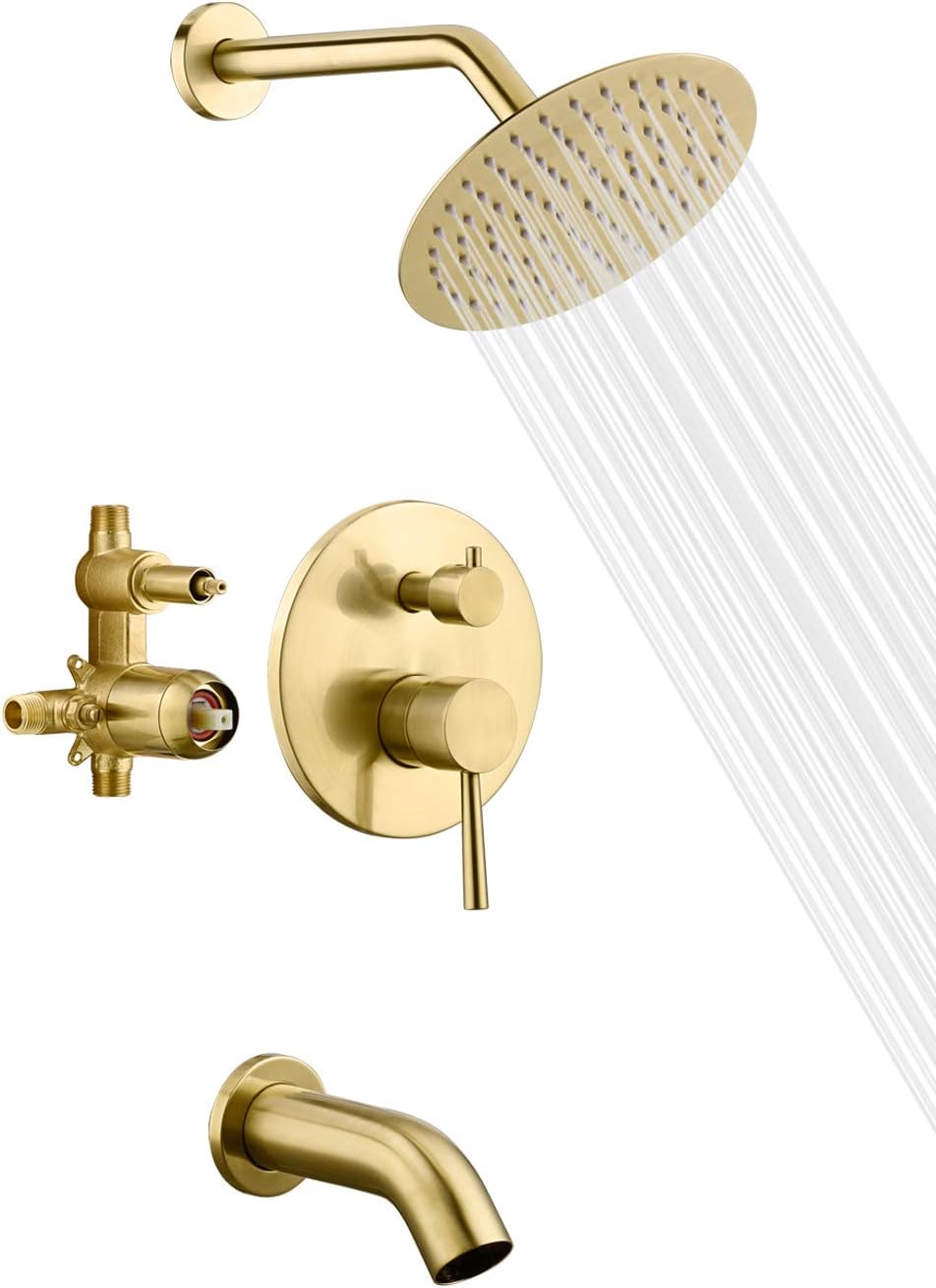 sumerain Pressure Balance Shower and Tub Faucet Set Brushed Gold with Tub Spout, 8' Shower Head, High Flow