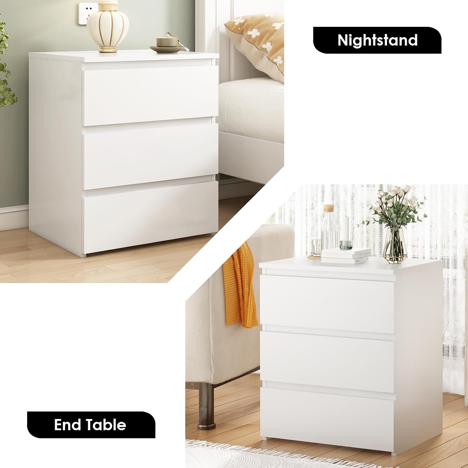 3-Drawer Nightstand & Side Storage Table, Minimalist Modern White Bedside End Tables with Ample Storage, Versatile Wooden Chest of Drawers for Bedroom, Living Room, Offices (Set of 2)