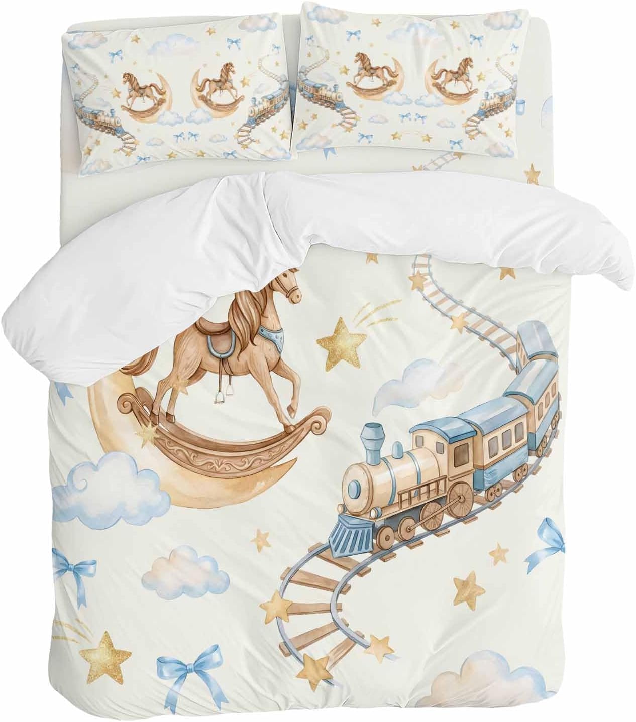 Horses Stars Duvet Cover Set Queen Size 4 Pieces Trains Rail Orbits Cloud Moon Blue Bow Yellow Bedding Set with Zipper Closure, 1 Comforter Cover 90x92 Inches 1 Flat Sheet & 2 Pillow Cases