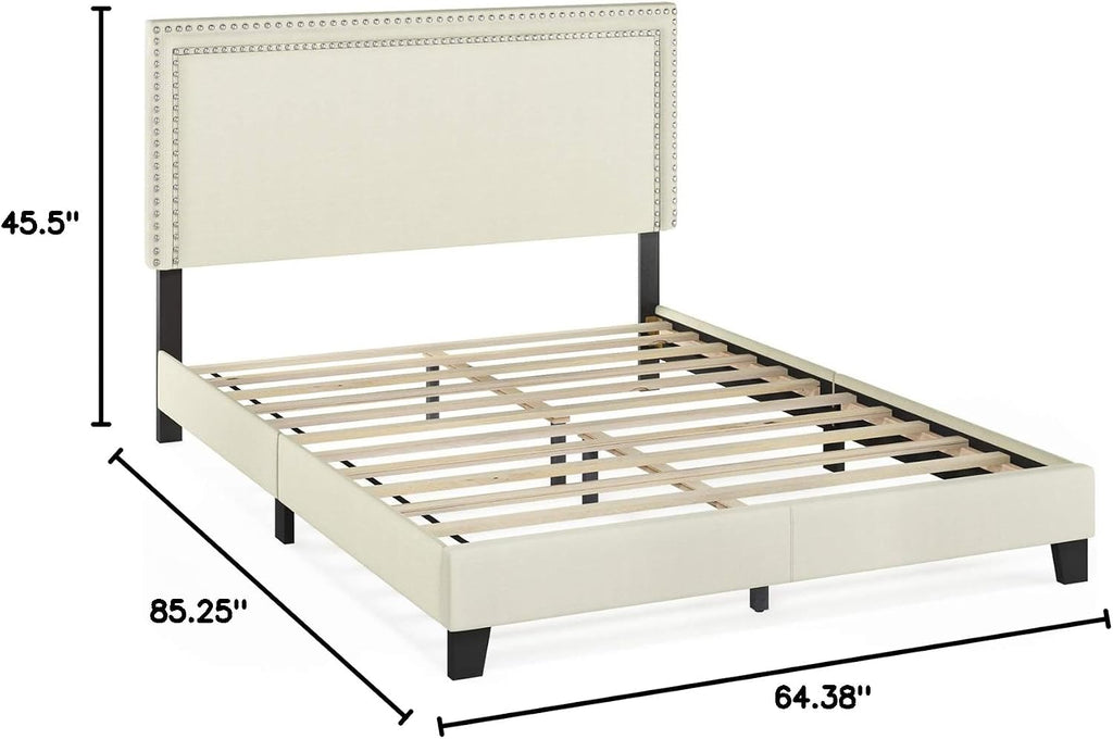 Furinno Laval Double Row Nail Head Upholstered Platform Bed Frame, Queen, Linen