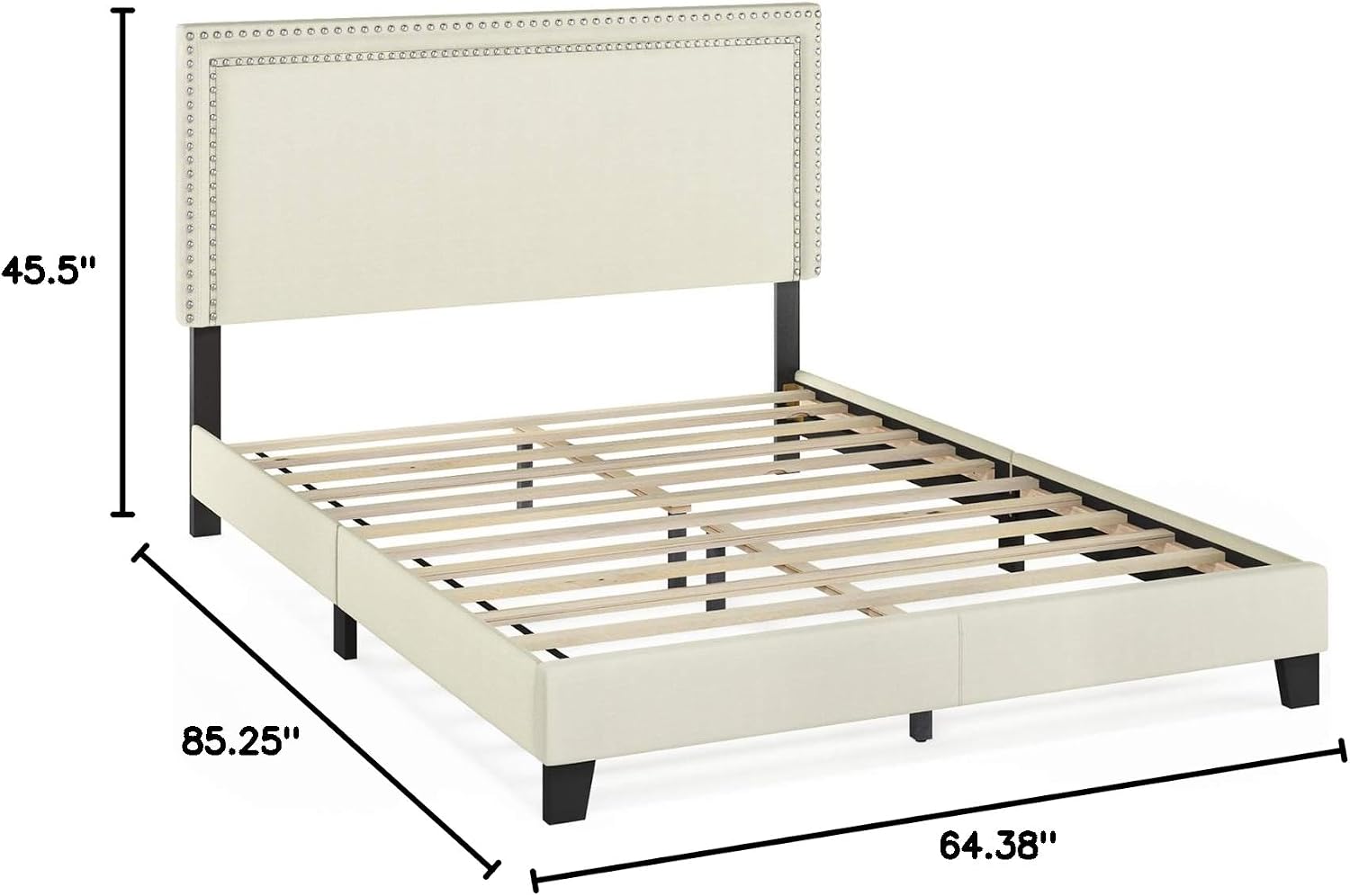 Furinno Laval Double Row Nail Head Upholstered Platform Bed Frame, Queen, Linen