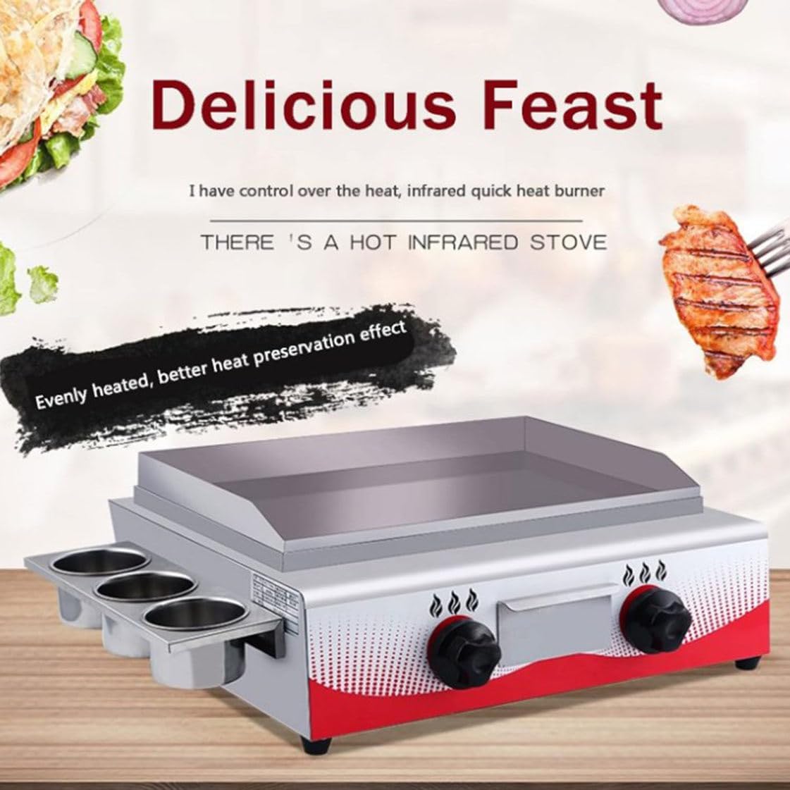 Commercial Gas Griddle, Kitchen Countertop Flat Top Grill Oven Countertop Griddle with 2 Burners,Adjustable Temperature, Restaurant Kitchen Camping BBQ for Indoor Outdoor,75 * 44 * 23cm