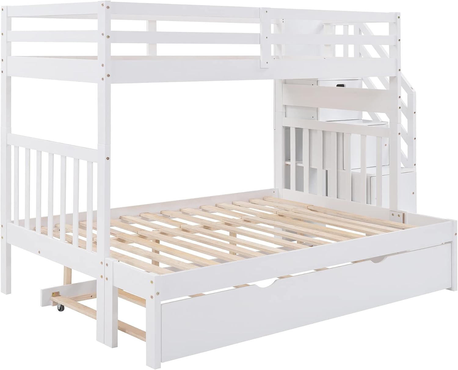 Harper & Bright Designs Stairway Twin Over Full Bunk Bed with Twin Size Trundle and Drawers, Solid Wood Bunk Bed Staircase Can be Placed on The Left or Right Side (White)