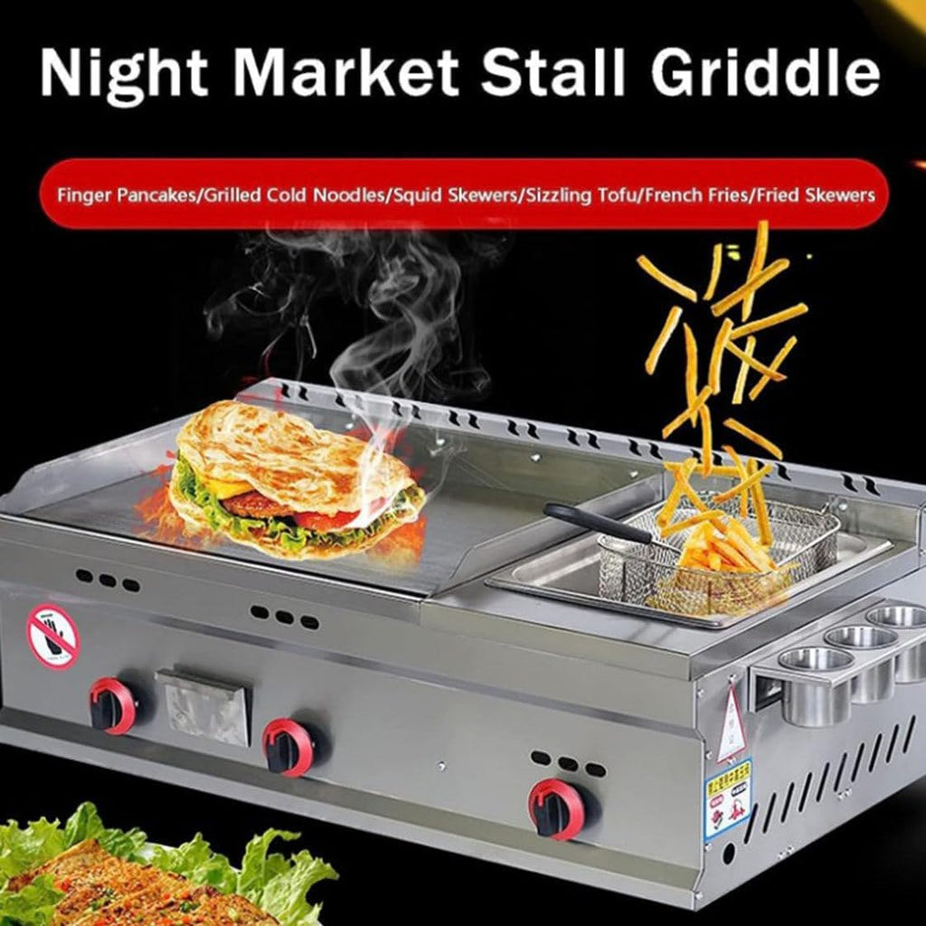 Commercial Gas Griddle, Countertop Flat Top Griddle Stainless Steel Grill, Teppanyaki Fry Pan with Adjustable Temperature, Kitchen LPG Gas Grill for Outdoor Catering