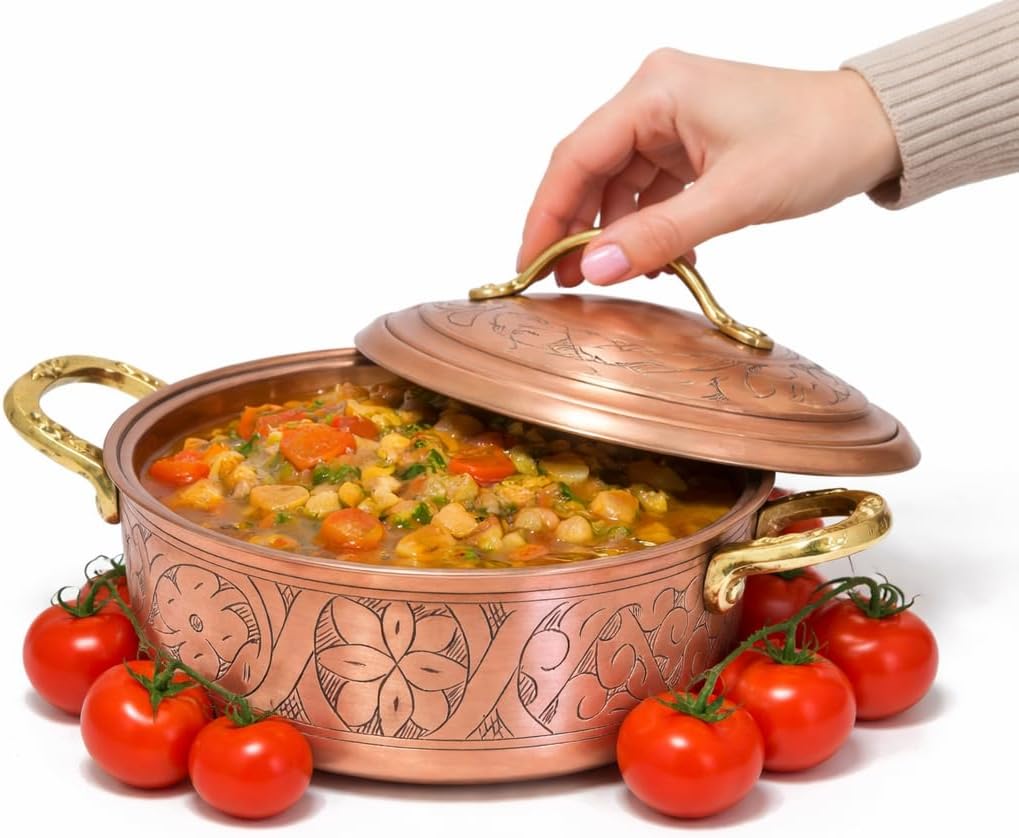 Vintage 100% Pure Solid Copper Hammered Handmade Engraved Cookware Cooking Stew Pot Braiser Lid Pan Oven Fancy Serving Nonstick Handle Non Stick Decorative Kitchen Decor Indian Turkish (1.8 Quarts)