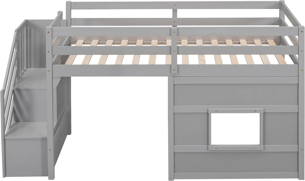 Harper & Bright Designs Low Loft Bed Twin Size with Stairs and Storage Shelves for Saving Space, Wood Loft Bed Frame with Window, Grey