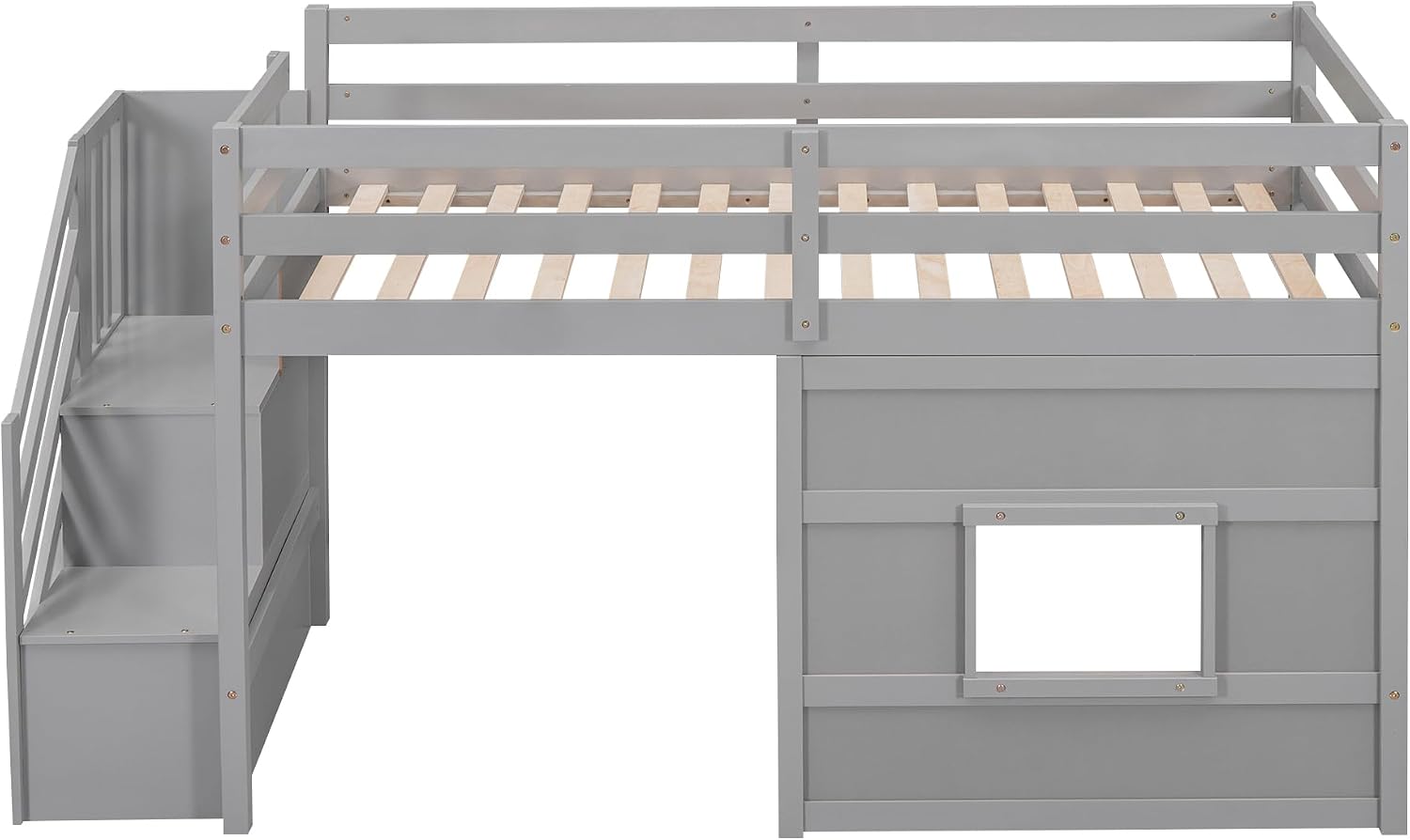 Harper & Bright Designs Low Loft Bed Twin Size with Stairs and Storage Shelves for Saving Space, Wood Loft Bed Frame with Window, Grey