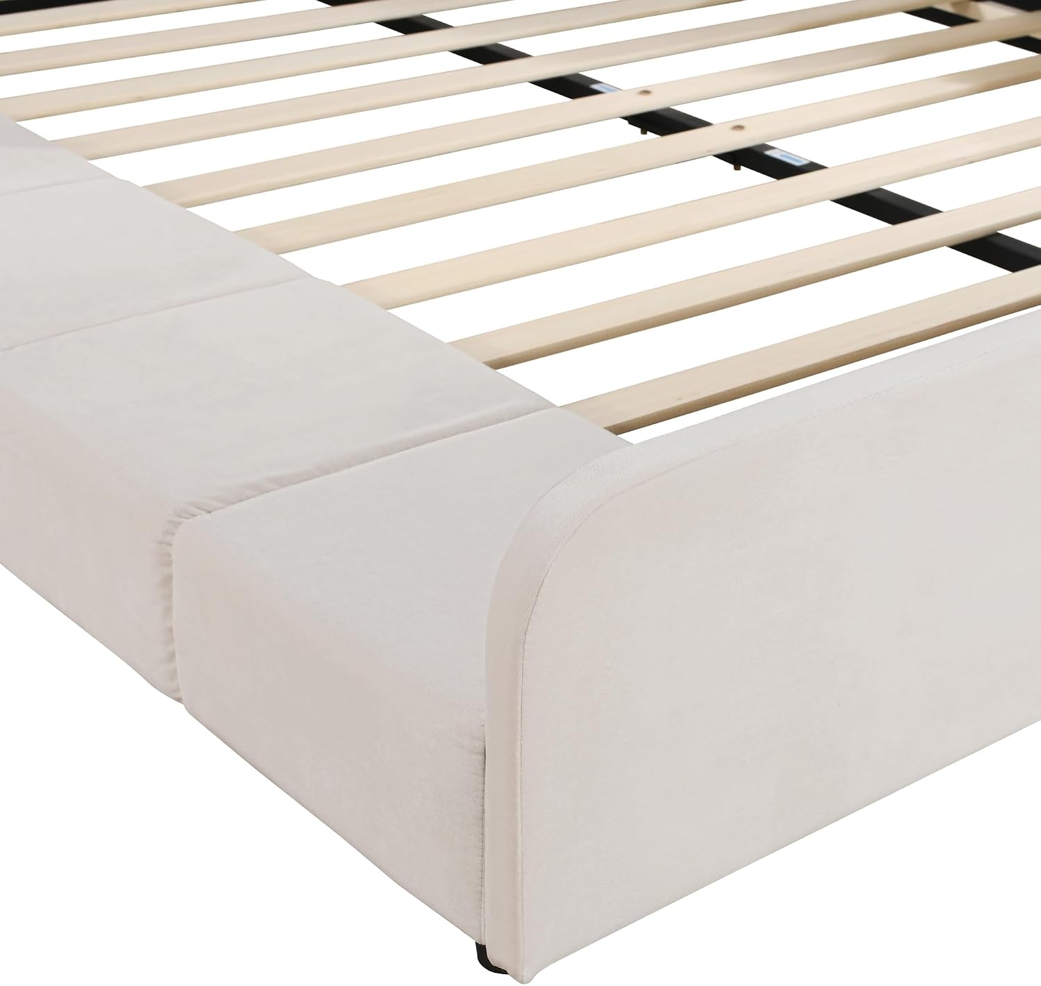 Merax Queens Size Velvet Bed Frames Upholstered Grounded Bed, Wooden Mother & Child Bed with Bedside Desk and Little Round Stool,Kids Adults Bedroom Floor Platform Bed,Beige