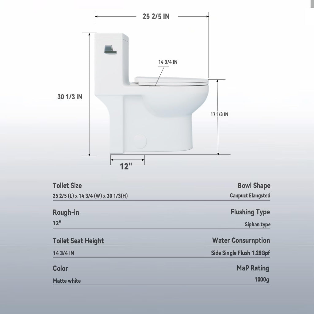Elongated One Piece Toilet with Left-Hand Trip Lever, ADA Comfort Height, Seat Chair Height 17.3' Modern Toilet for Bathroom, 1.28 GPF, MAP 1000g, 12' Rough-In, Soft Closing Seat