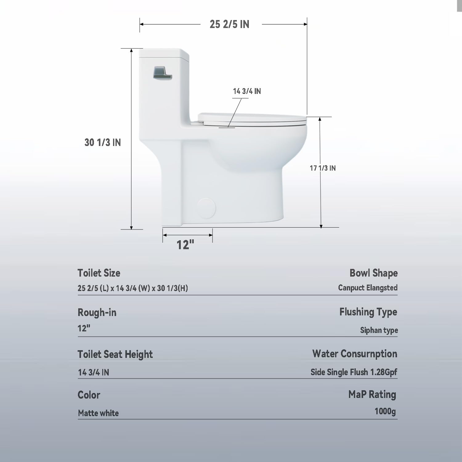 Elongated One Piece Toilet with Left-Hand Trip Lever, ADA Comfort Height, Seat Chair Height 17.3' Modern Toilet for Bathroom, 1.28 GPF, MAP 1000g, 12' Rough-In, Soft Closing Seat