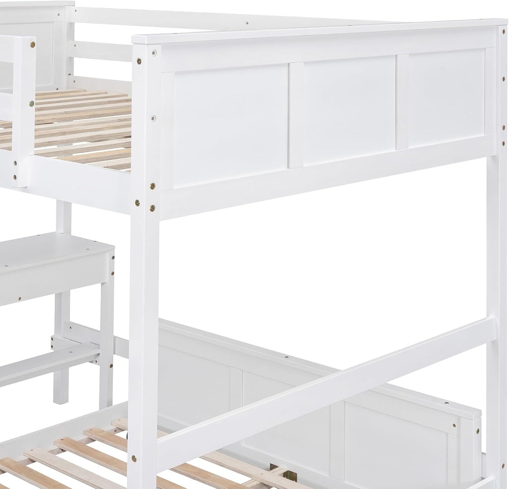 Ball & Cast Full Over Full Bunk Bed with Safty Guardrail & Stairway,Heavy Duty Wood Loft Bedframe W/Desk & Drawers,Easy Assembly,Versatile Functional Bedroom Furniture Set for Boy Girl Teens,White