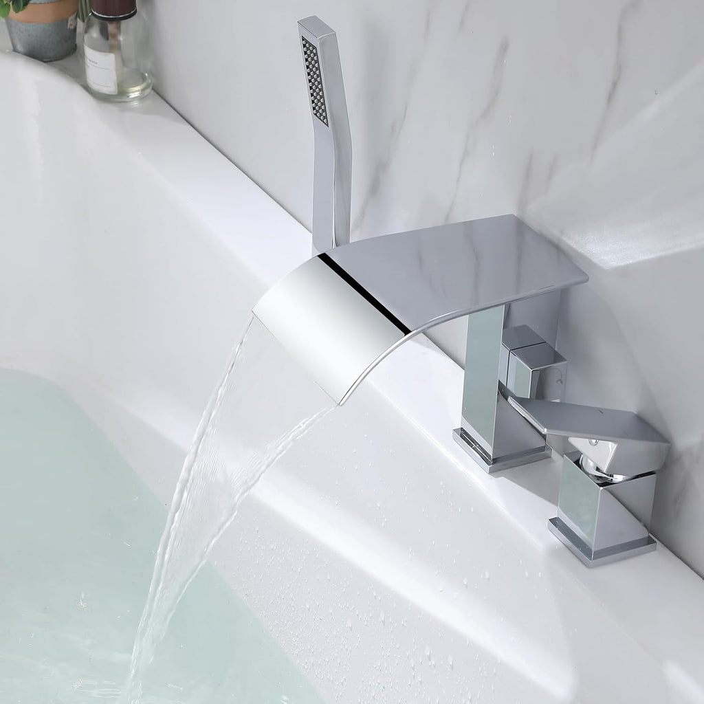 Waterfall Roman Tub Faucet with Hand Shower, Deck Mount Tub Filler Bathtub Faucet with Sprayer, Single Handle Bathtub Faucet Set, Brass Widespread 3 Hole Bathtub Shower Faucet Set, Chrome