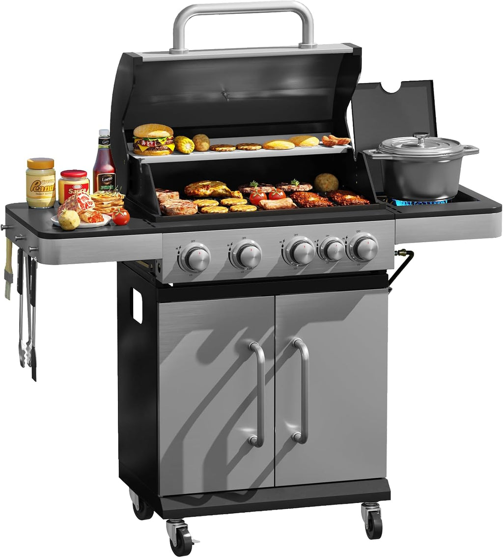 4 Burners Propane Gas Grill with Side Burner, Stainless Steel BBQ Grill with Porcelain-Enameled Cast Iron Grates, 46,500 BTU Outdoor Patio Barbeque Grill for Party, Camping, Backyard