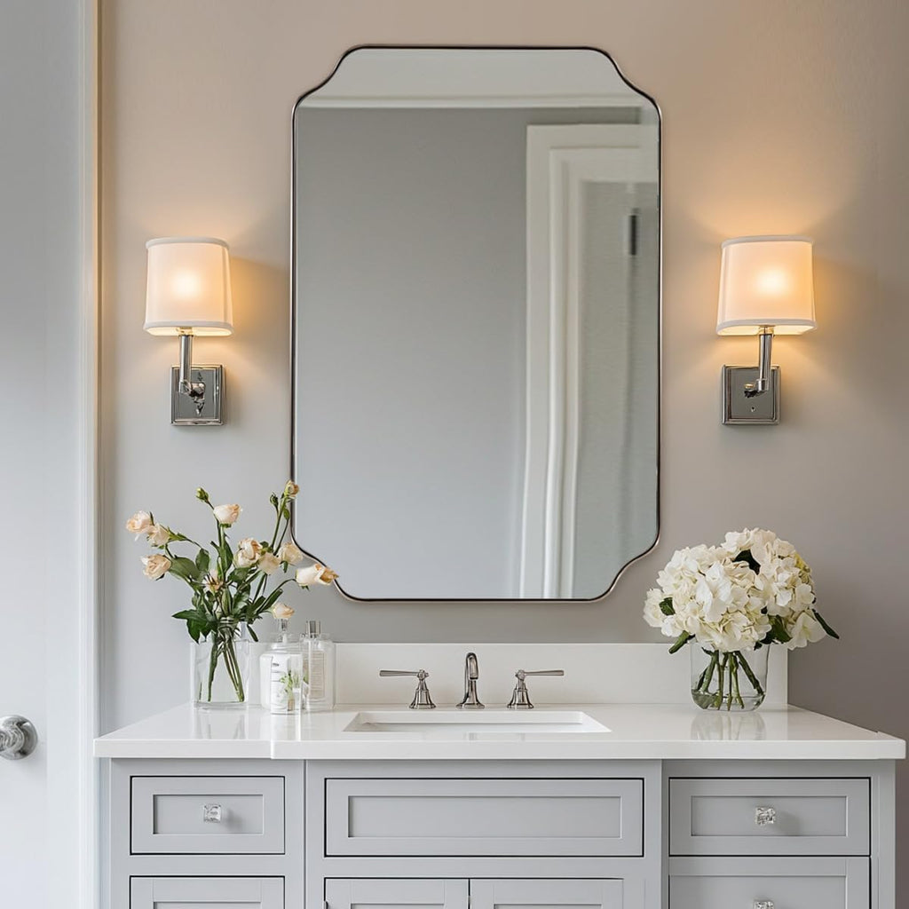 ANDY STAR 20x30 Inch Brushed Nickel Mirror, Silver Bathroom Mirror, Modern Rounded Notched Corner Mirror in Rustproof Stainless Steel Thin Frame, Compact Size Ideal for Small Bathroom Remodel