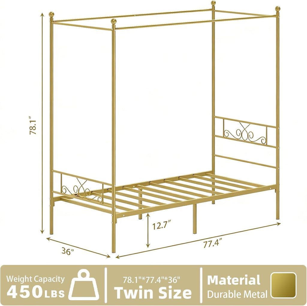 Weehom Twin Canopy Bed Frame with Headboard and Footboard, 4 Posters Metal Bed Frame, No Box Spring Needed, Mattress Foundation Platform Bed for Kids and Adults, Gold