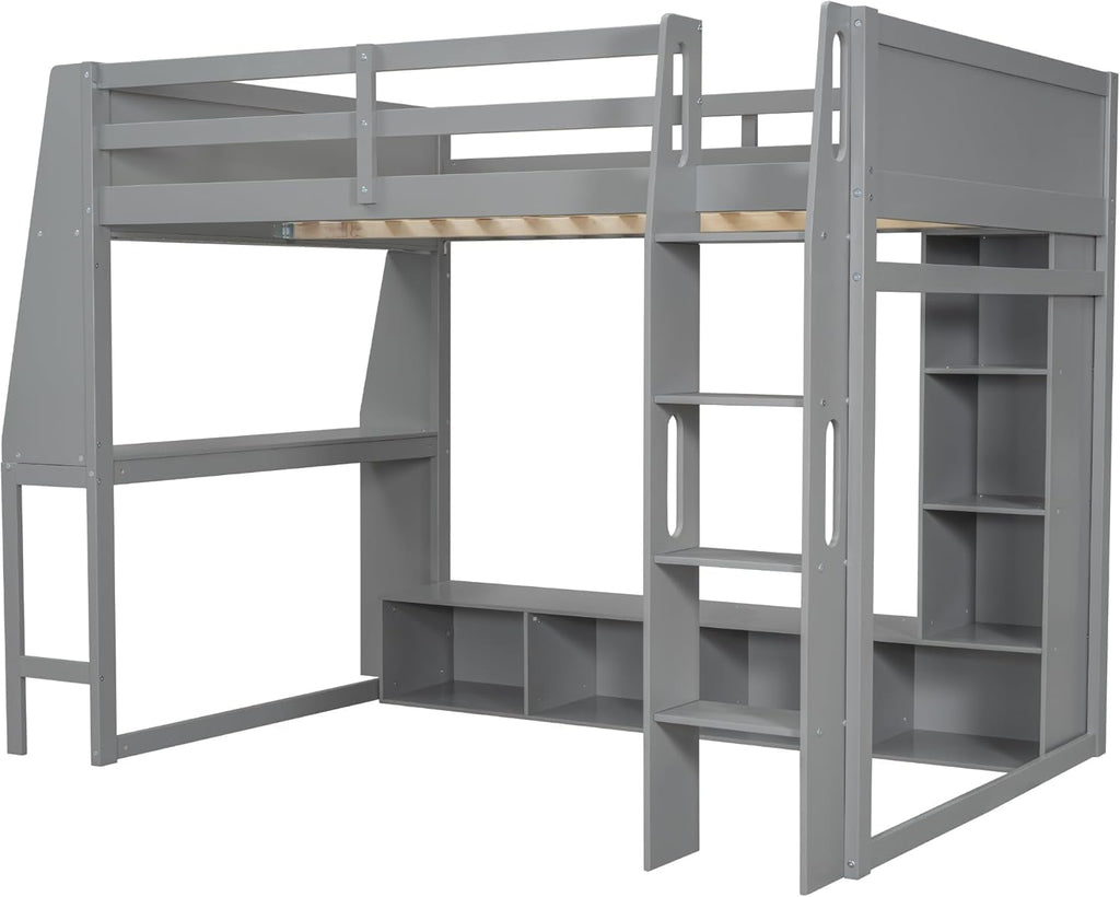 MERITLINE Full Gaming Loft Bed with Desk and Storage,TV Stand & LED RGB, Solid Wood Gaming Bed with Storage Shelves,TV Cabinet and Clothes Rack, for Adults Teens (Grey,Full)