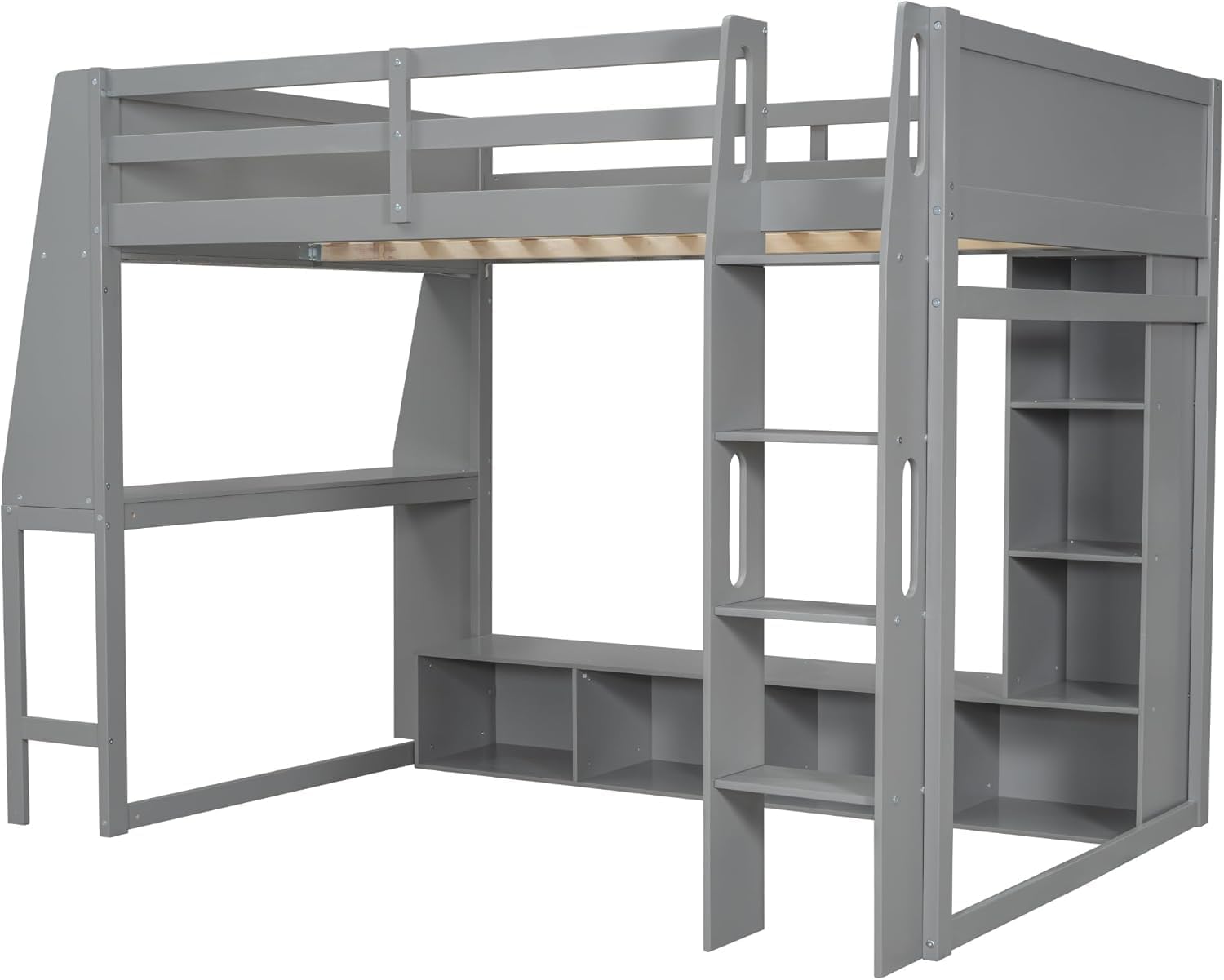 MERITLINE Full Gaming Loft Bed with Desk and Storage,TV Stand & LED RGB, Solid Wood Gaming Bed with Storage Shelves,TV Cabinet and Clothes Rack, for Adults Teens (Grey,Full)