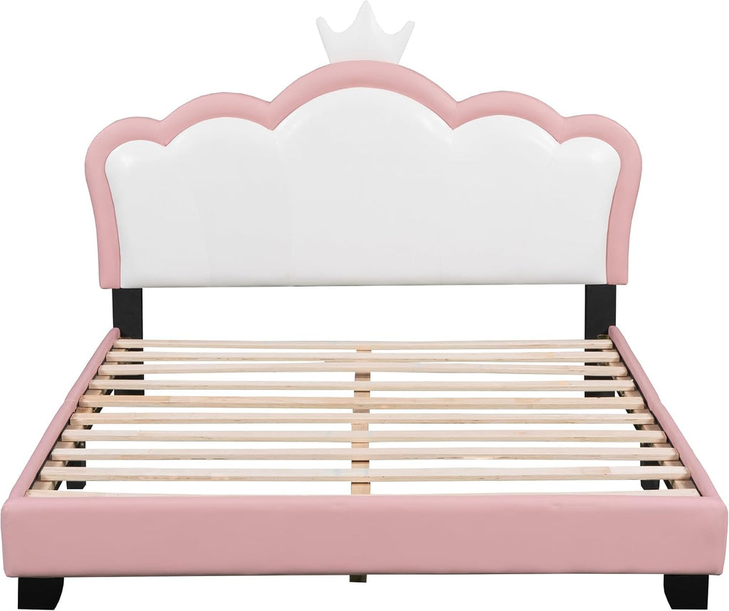 Full Size Princess Bed Frame with Crown Shaped Headboard for Kids,Upholstered Platform Bed with Slats Support,Pink Girls Bed,Full Bed for Girls Teens,Pink