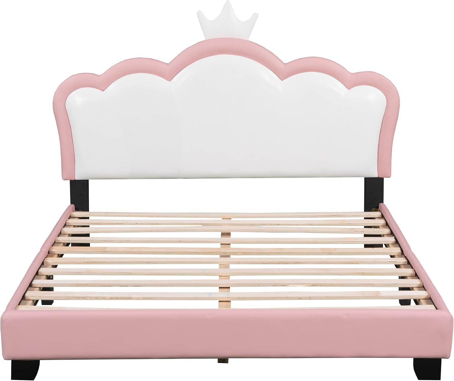 Full Size Princess Bed Frame with Crown Shaped Headboard for Kids,Upholstered Platform Bed with Slats Support,Pink Girls Bed,Full Bed for Girls Teens,Pink