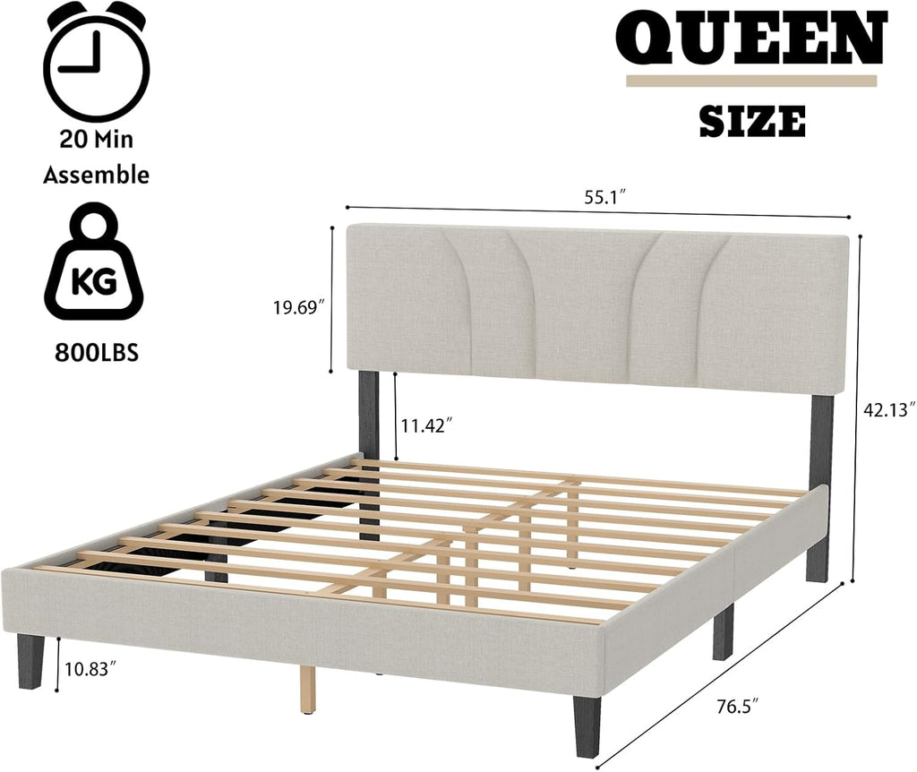 EVLIQUIL Platform Bed Frame Queen Size with Fabric Upholstered Headboard and Wooden Slats Support, Fully Upholstered Mattress Foundation, No Box Spring Needed & Easy Assembly, Beige