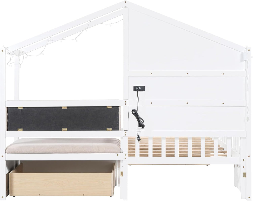 Twin Size House Bed with Upholstered Sofa and Safety Fence for Kids Boys Girls, Versatility Solid Wood Kids Platform Bed with Charging Station, Wireless Charging, Shelves and 2 Drawers (White-G1)