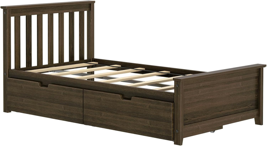Max & Lily Classic Twin Bed, Slatted Headboard, with Storage Drawers, Walnut