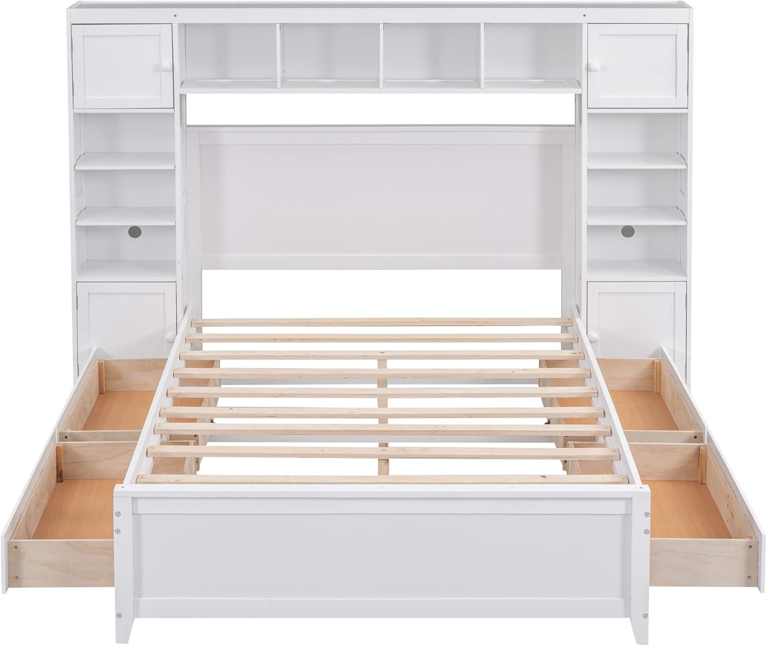 MERITLINE Full Platform Bed with Storage Headboard,Drawers and Charging Station,Solid Wood Full Bed Frame with Storage Cabinet and Shelves for Adults (White)