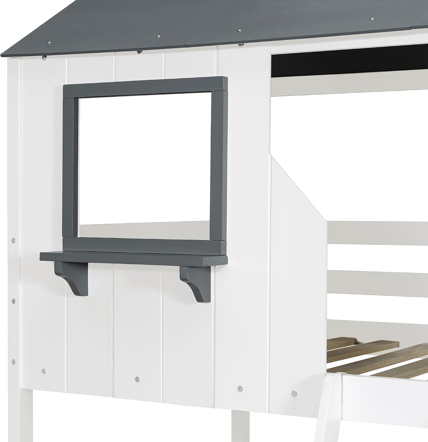 Polibi Twin Over Twin Low Bunk Bed, Wooden House Bed with Roof, 2 Front Windows, 2 Small Shelves, Ladder and Guardrail, White