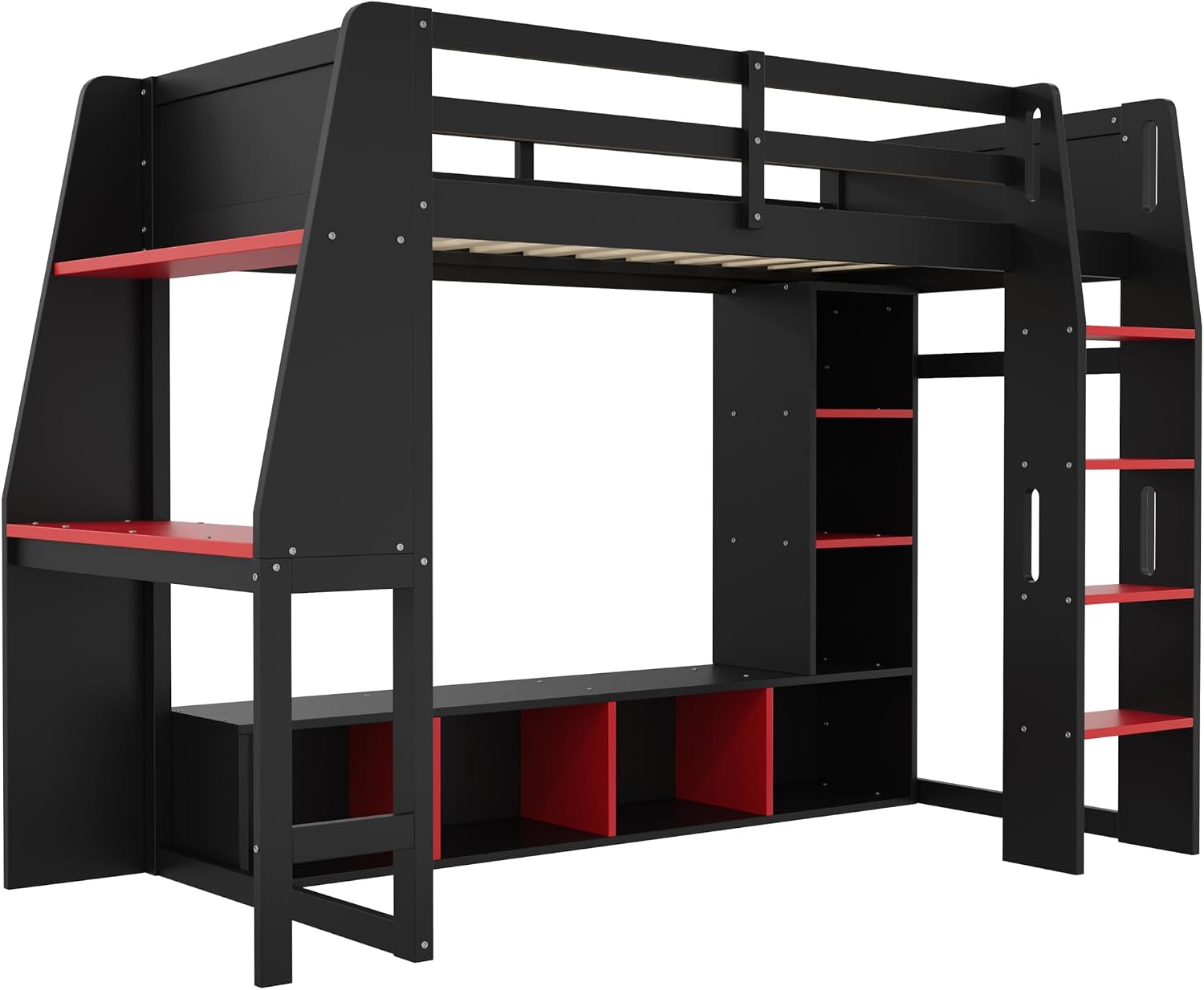 SOFTSEA Twin Size Gaming Loft Bed with Desk, Solid Wood Loft Bed with Wardrobe and Storage Shelves, Gaming Loft Bed Frame with LED Lights for Kids Teens Adults, Black & Red