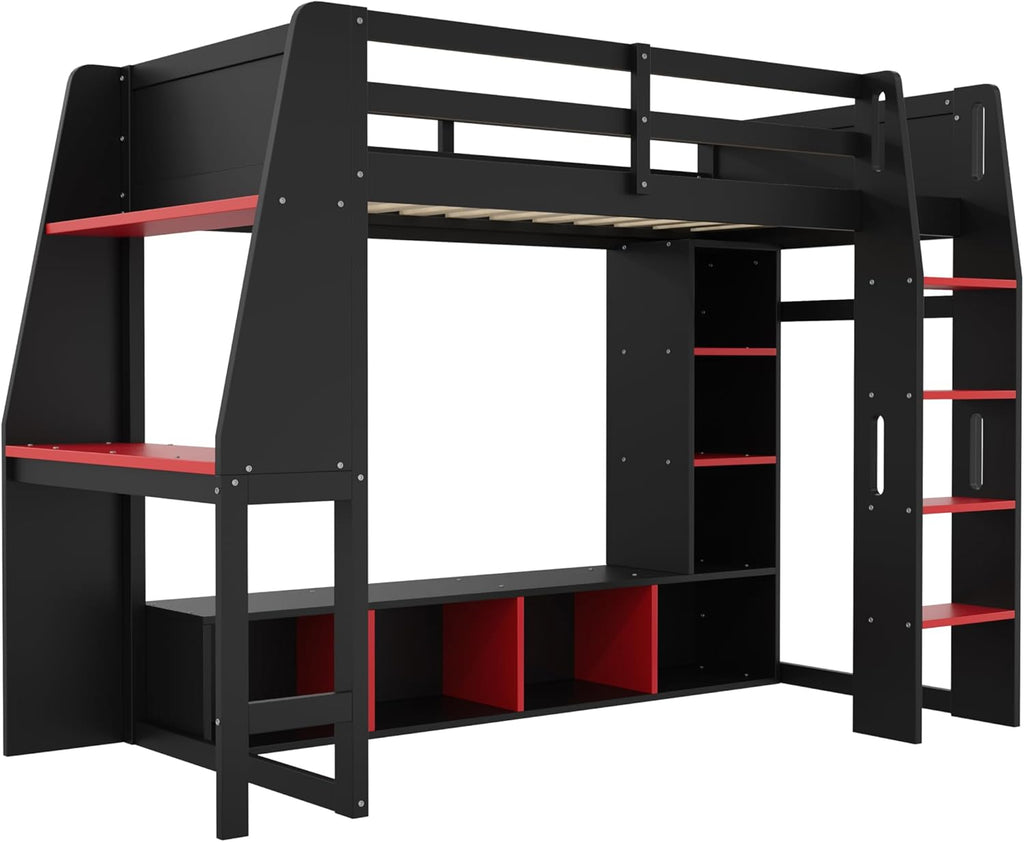 MERITLINE Full Gaming Loft Bed with Desk and Storage,TV Stand & LED RGB, Solid Wood Gaming Bed with Storage Shelves,TV Cabinet and Clothes Rack, for Adults Teens